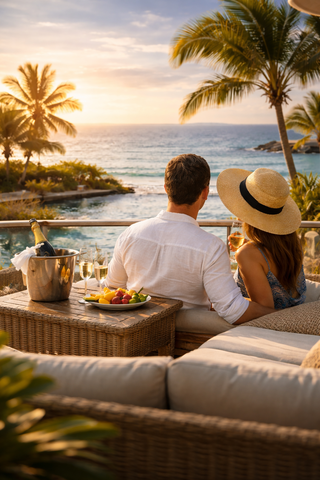 A couple enjoying drinks at a tropical beachside resort during sunset, with palm trees and the ocean in the background.