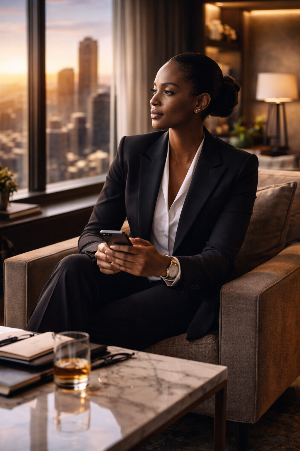 A professional woman in a black suit sitting on a beige sofa in a modern office, holding a smartphone, with a city skyline and sunset visible through large windows in the background.