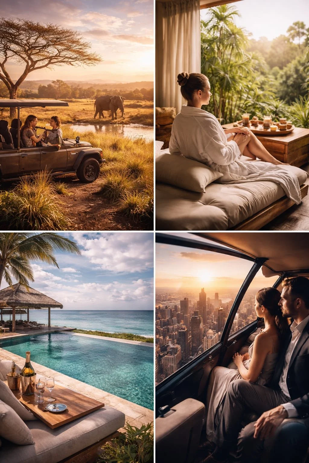 A collage of four images: a safari tour with people in a jeep watching elephants at sunrise, a woman relaxing indoors with tropical plants outside, a luxury poolside area overlooking the ocean at sunset, and a couple flying in a helicopter over a cityscape during sunset.