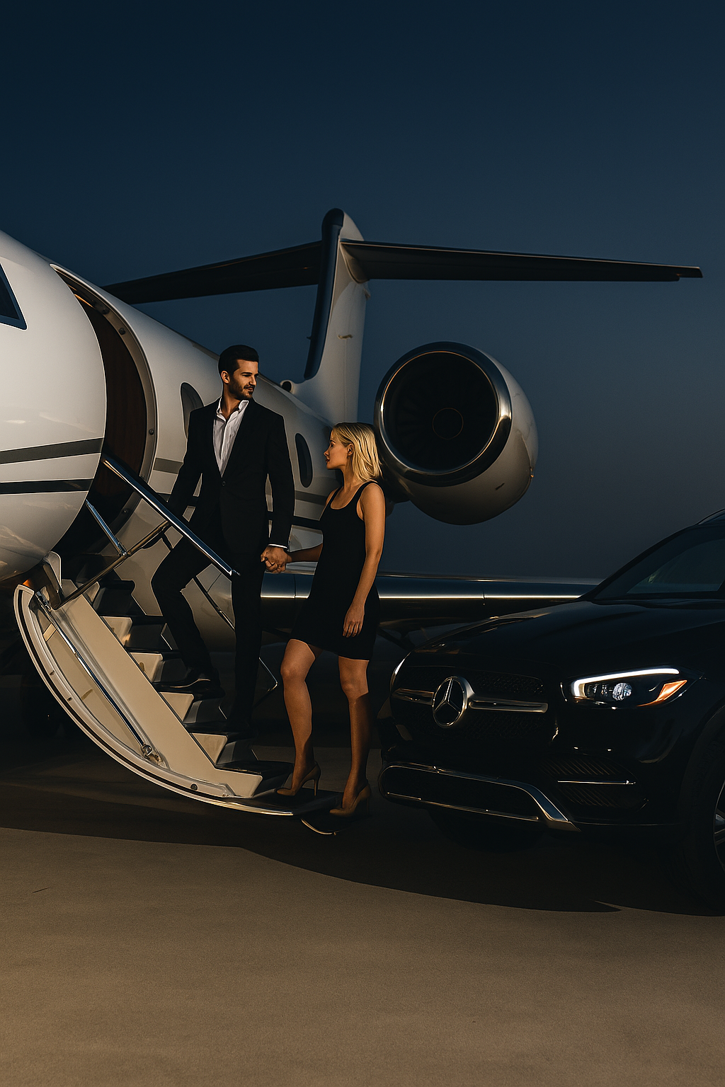 A man and a woman, dressed in formal attire, are holding hands as they step off a private jet. There is a black Mercedes-Benz parked nearby, and the scene is set during dusk or early evening.