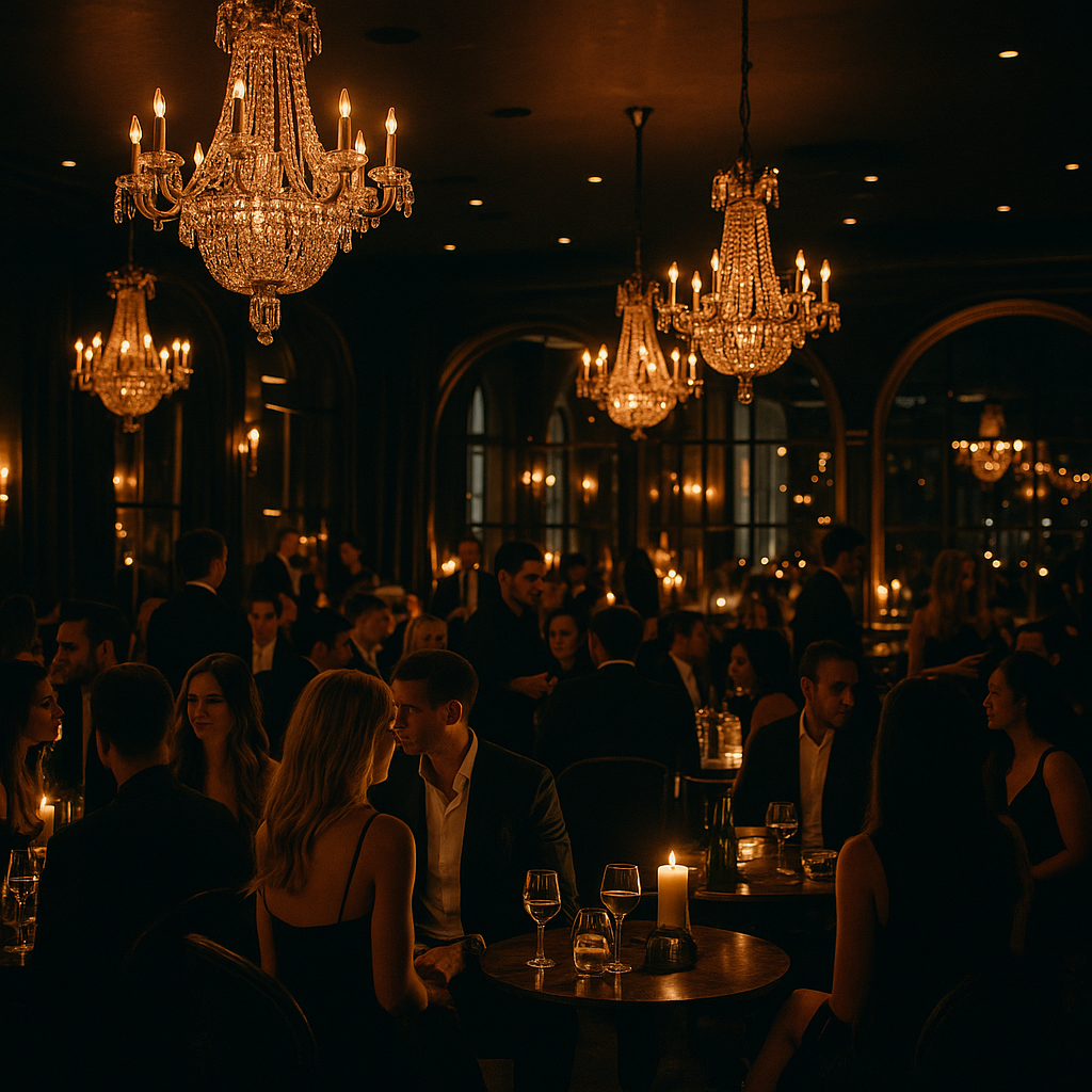 Elegant restaurant or event space with multiple chandeliers and warm lighting, filled with people dressed in formal attire, engaged in conversations.