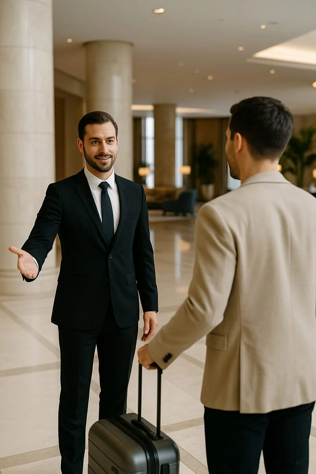 Two men in suits interacting in a hotel lobby. One man is extending his hand for a handshake, and the other man is holding a rolling suitcase.