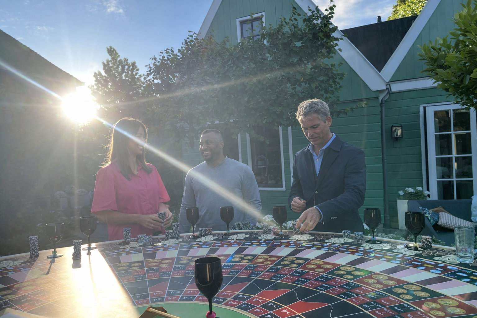 Mensen die samen bij een roulette-tafel spelen in een tuin, met zonsondergang op de achtergrond.