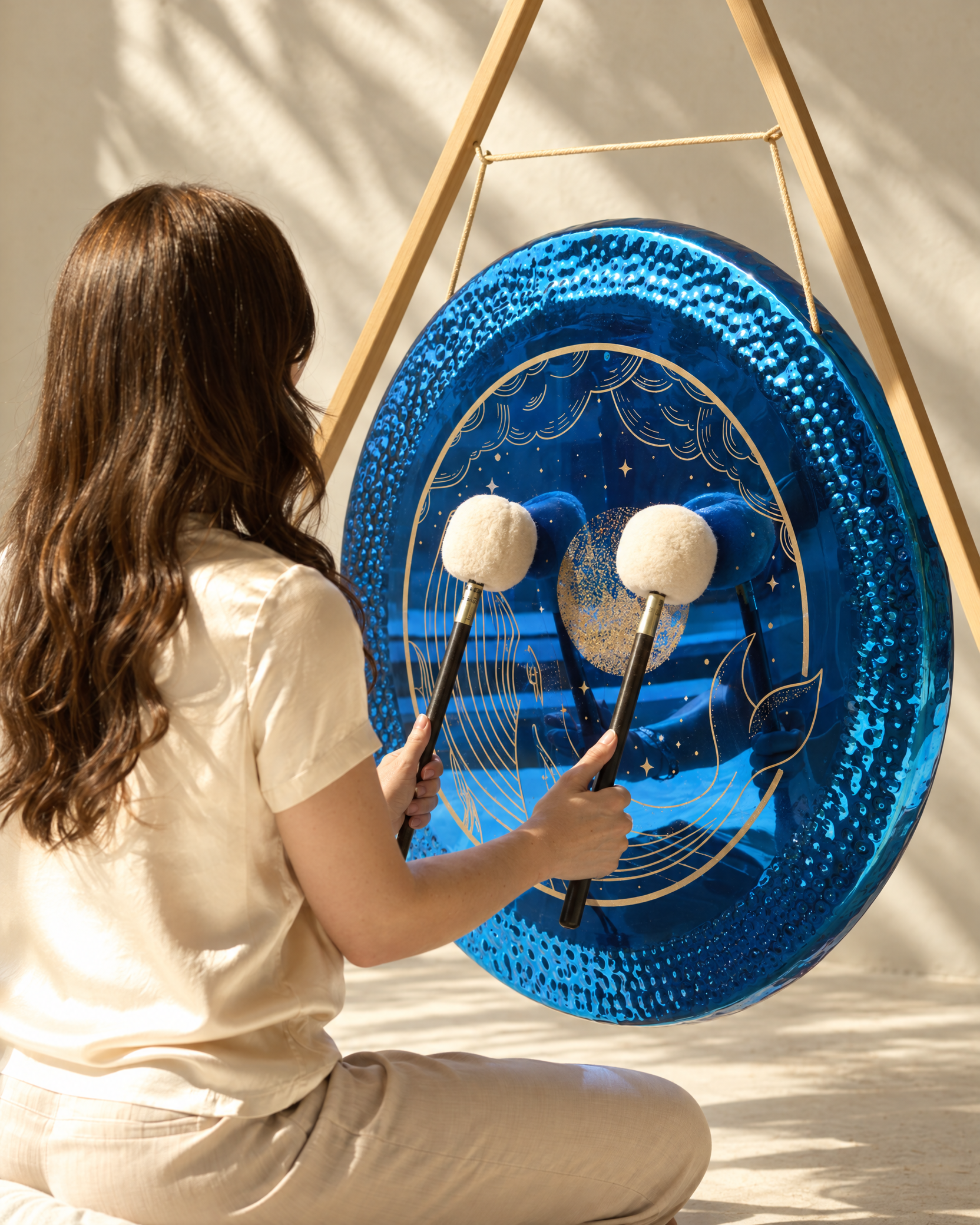 Sol Aragão playing a blue gong with soft mallets at a Resonance session in Dubai.