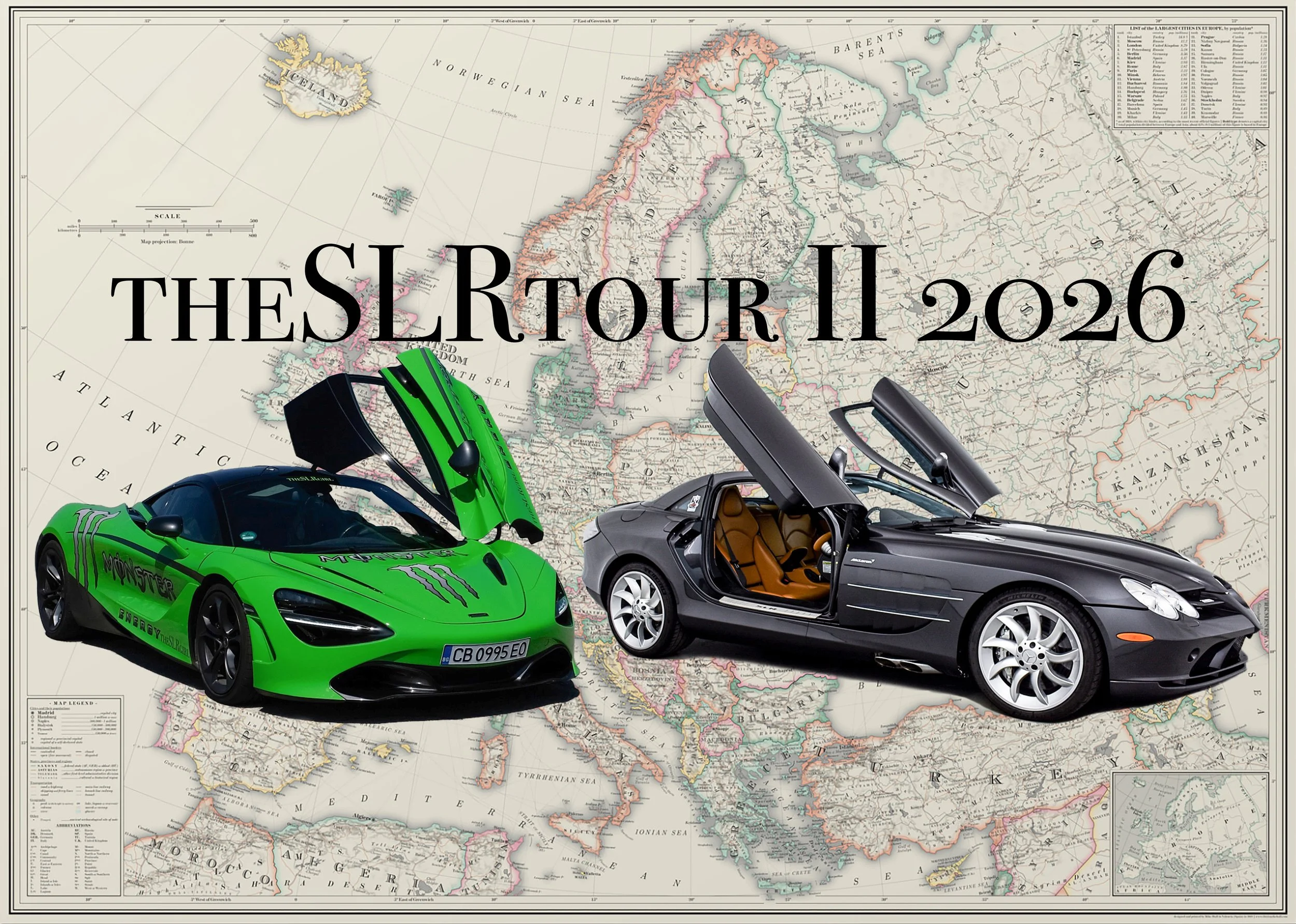 theSLRtour II showing green Monster Energy McLaren 720S and Paris Hilton's SLR McLaren