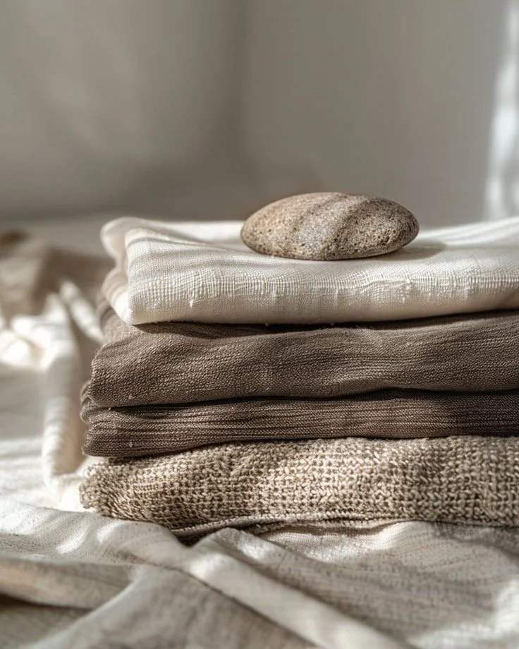 Stack of folded neutral-colored towels with a smooth stone on top, set on textured fabric with soft natural lighting.
