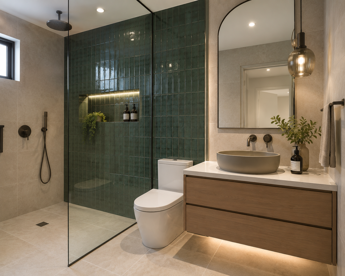 Modern bathroom with green tiled shower area, beige walls, a white toilet, a wooden vanity with a vessel sink, a large mirror, a hanging pendant light, and decorative plants.