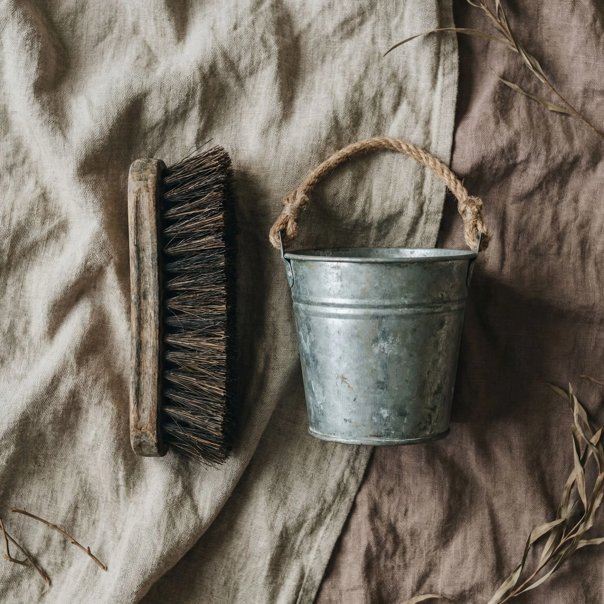 A rustic scene with a worn brush, a metal bucket with a jute rope handle, and dried twigs and leaves on textured fabrics.