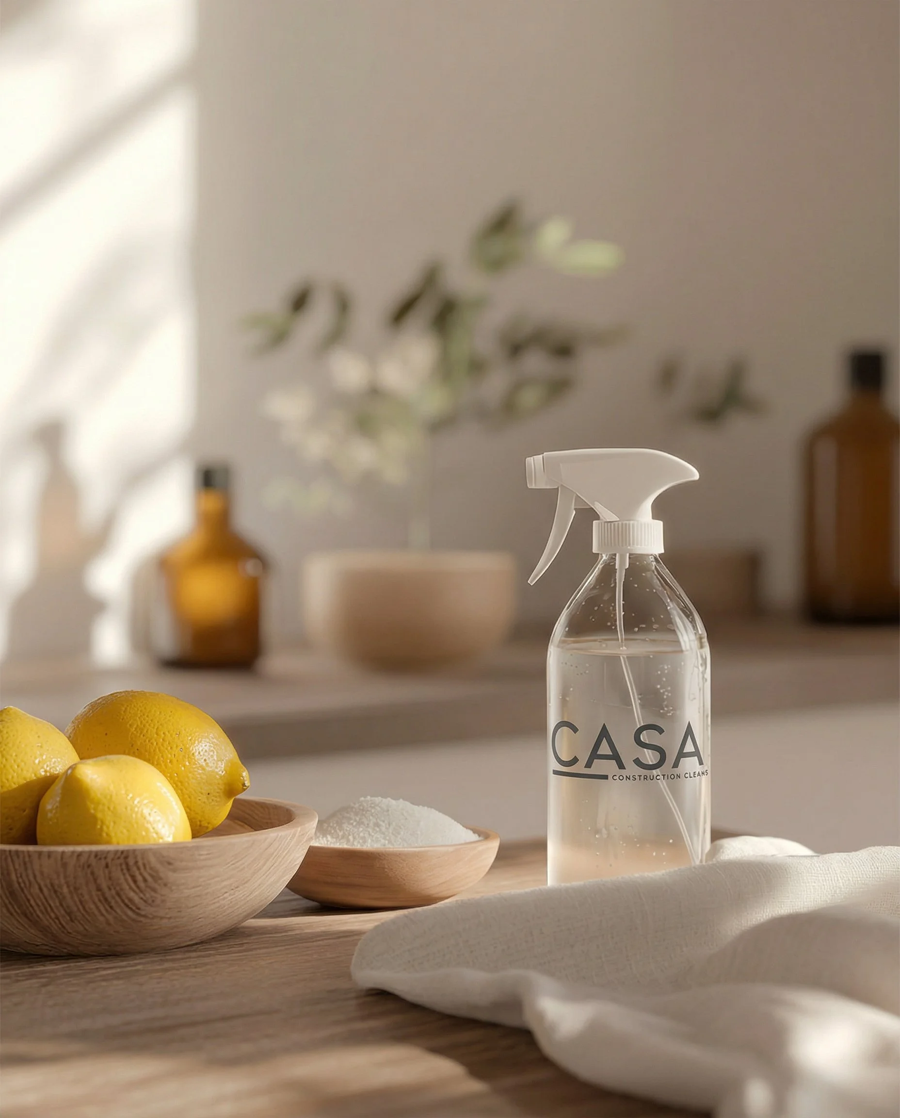 Lemon resting in a wooden bowl, a spray bottle labeled 'CASA Construction Cleans' in the background, and a soft cloth in the foreground on a wooden surface with blurred houseplants and bottles in the background.