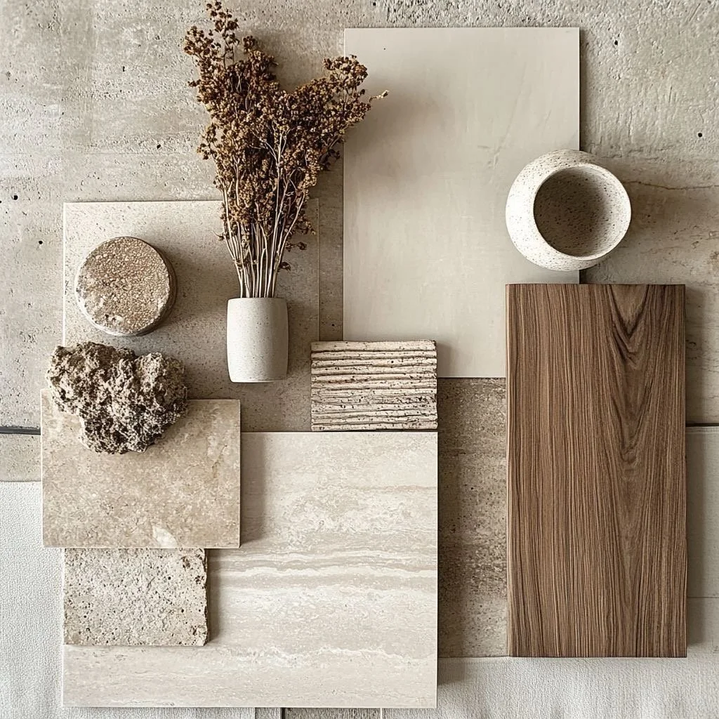 Arrangement of various neutral-colored textures, including stones, a dried flower arrangement in a white vase, and wooden and stone panels on a light background.