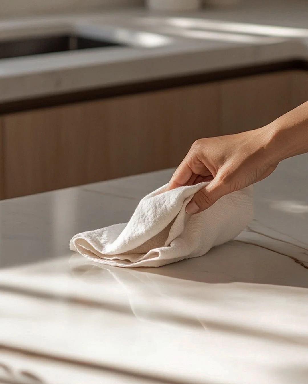 A hand wiping a white countertop with a cloth in a kitchen.