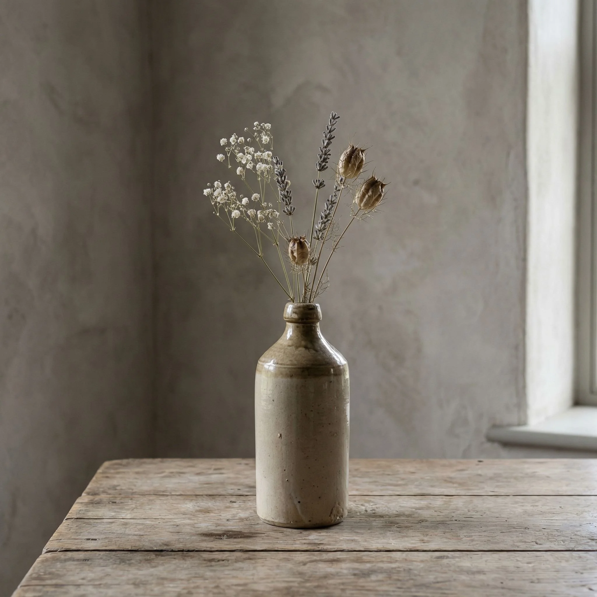 Three ceramic vases with dried flowers on a wooden surface, against a plain wall.