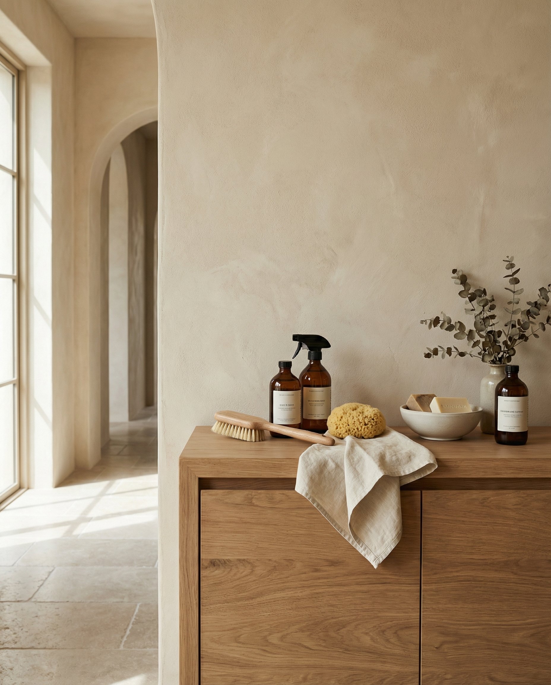 A wooden bathroom vanity with soap, a sponge, a white cloth, and bottles of soap or lotion on top, with a dry eucalyptus arrangement in a white vase, in a room with natural light from a window.
