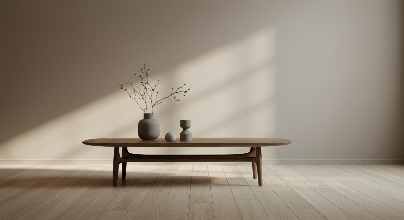 Minimalist wooden coffee table with three vases and a branch, against a plain wall with soft sunlight.