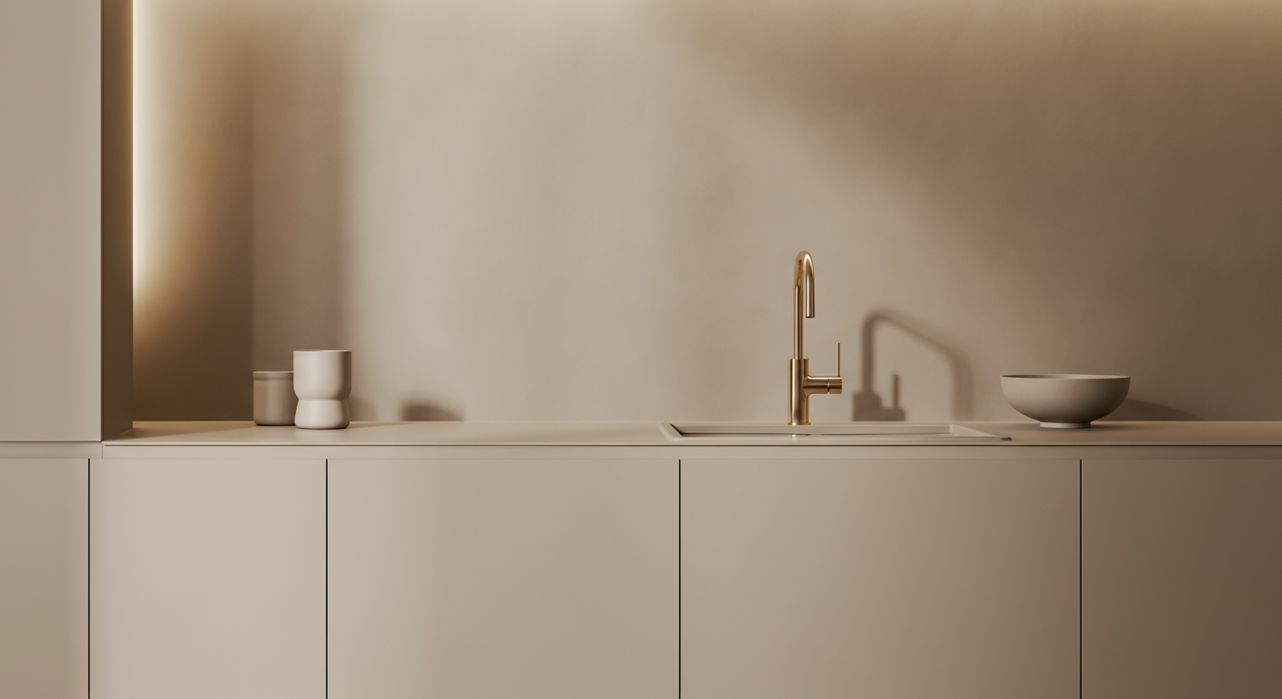 Minimalist kitchen countertop with beige cabinets, a gold faucet, a white bowl, and two white cups against a beige wall.