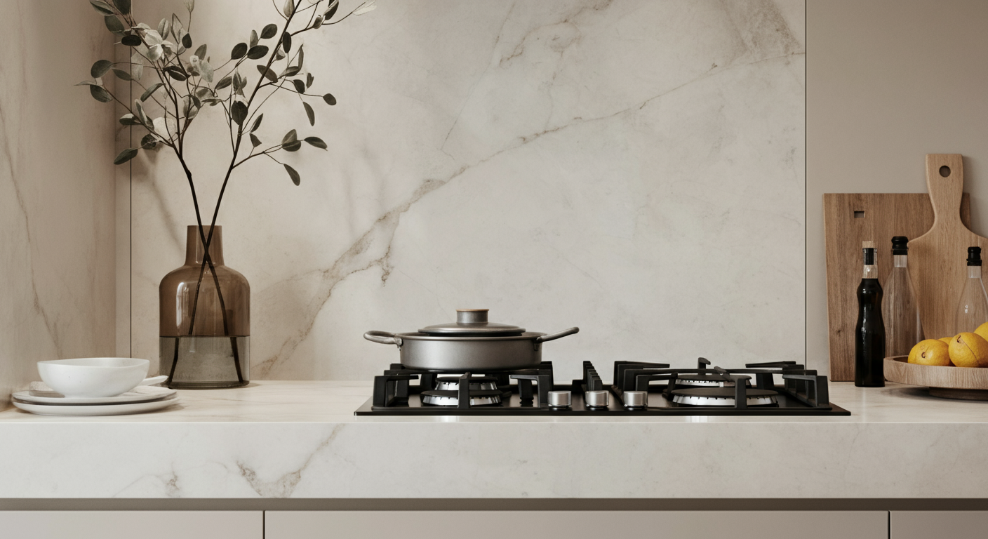 Kitchen countertop with a gas stove, a gray pot on the stove, a brown vase with green leafy branches, stacked white dishes, a wooden cutting board, a tray with lemons, and black and clear bottles.