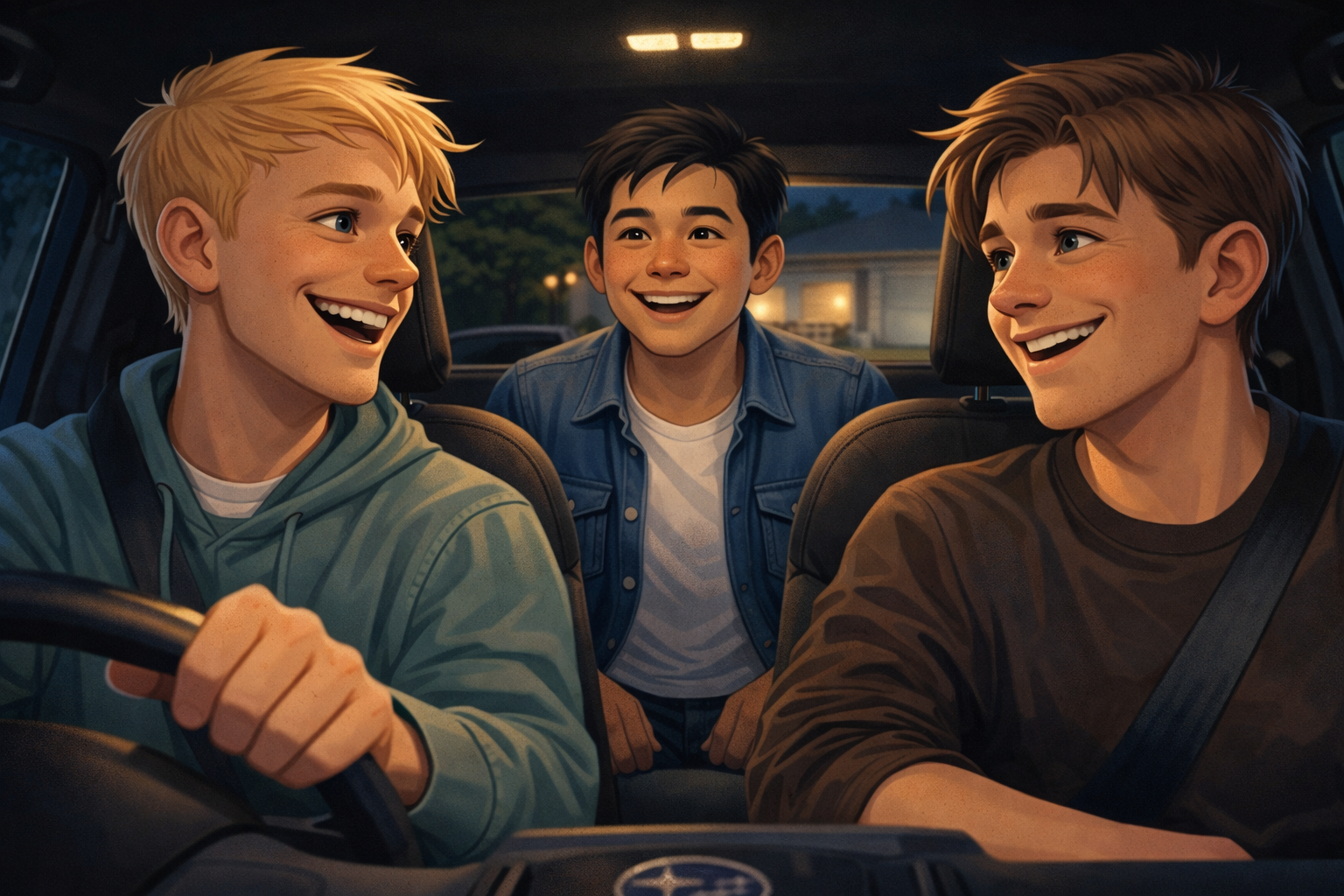 Three young men inside a car, with two in the front seats and one in the back, smiling and chatting during evening time. Looks to be a Subaru.