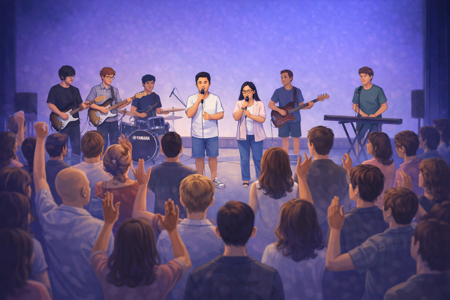 Many people singing, and raising their hands as a worship team leads them in the song Friend to me by vssls, Atelier Theatre, SA. Two vocalists, two guitarists, one bass player, a drummer, and a keyboard player. Releases Valentine's Day 2026.