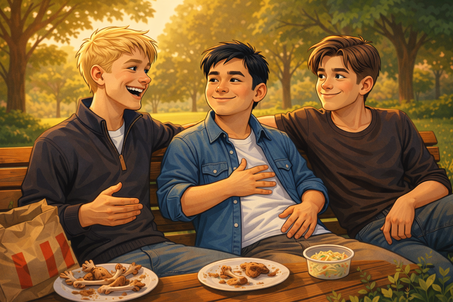 Three young men sitting on a park bench sharing a meal and chatting, with trees and a sunset in the background.