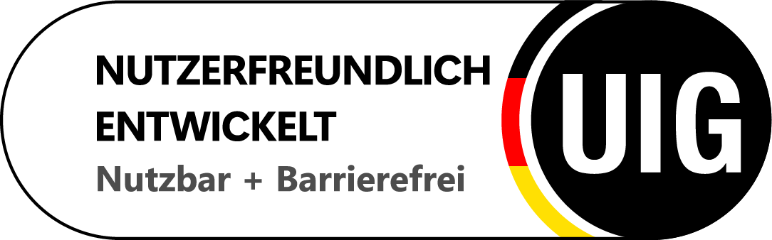 Ein barrierefreies, nutzerfreundliches UIG-Logo in Schwarz, Weiß, Rot, gelb und Grau.