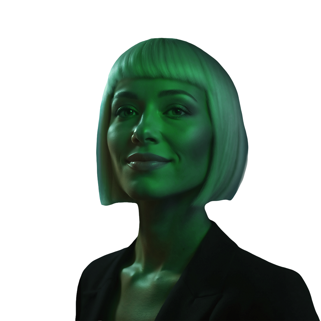 Porträt einer Frau mit grüner Beleuchtung, kurze blonde Haare und schwarze Kleidung.
