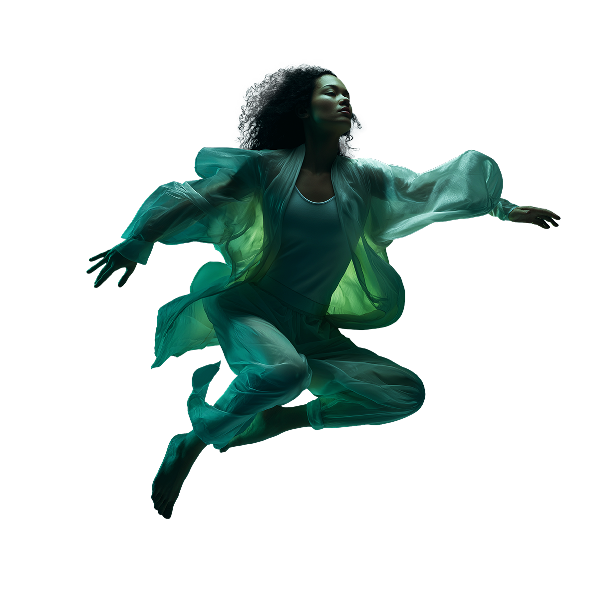 Frau in fließender Kleidung, scheint floating oder schwebend, vor dunklem Hintergrund.