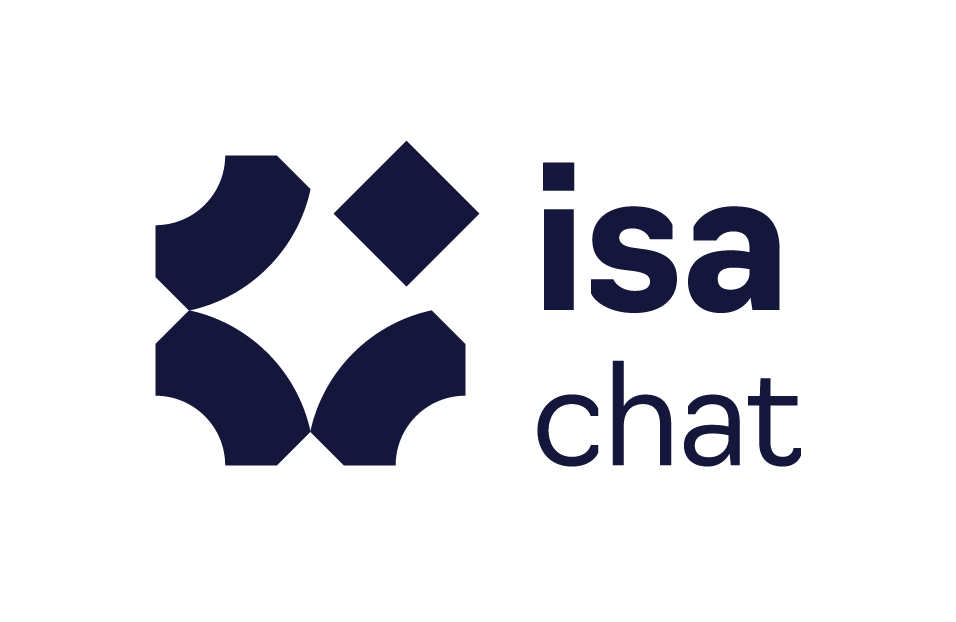 Das Logo von Isa chat, bestehend aus geometrischen Formen in dunklem Blau und dem Text 'isa chat' daneben.