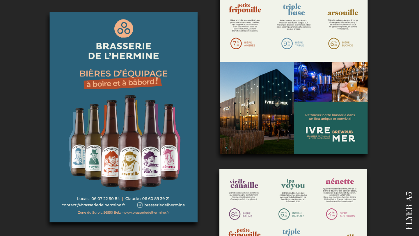 Valérie Dekeyser/Pluenn Studio - Création d'un flyer commercial et mise à jour des contenus et de l'identité graphique pour la Brasserie de l'Hermine