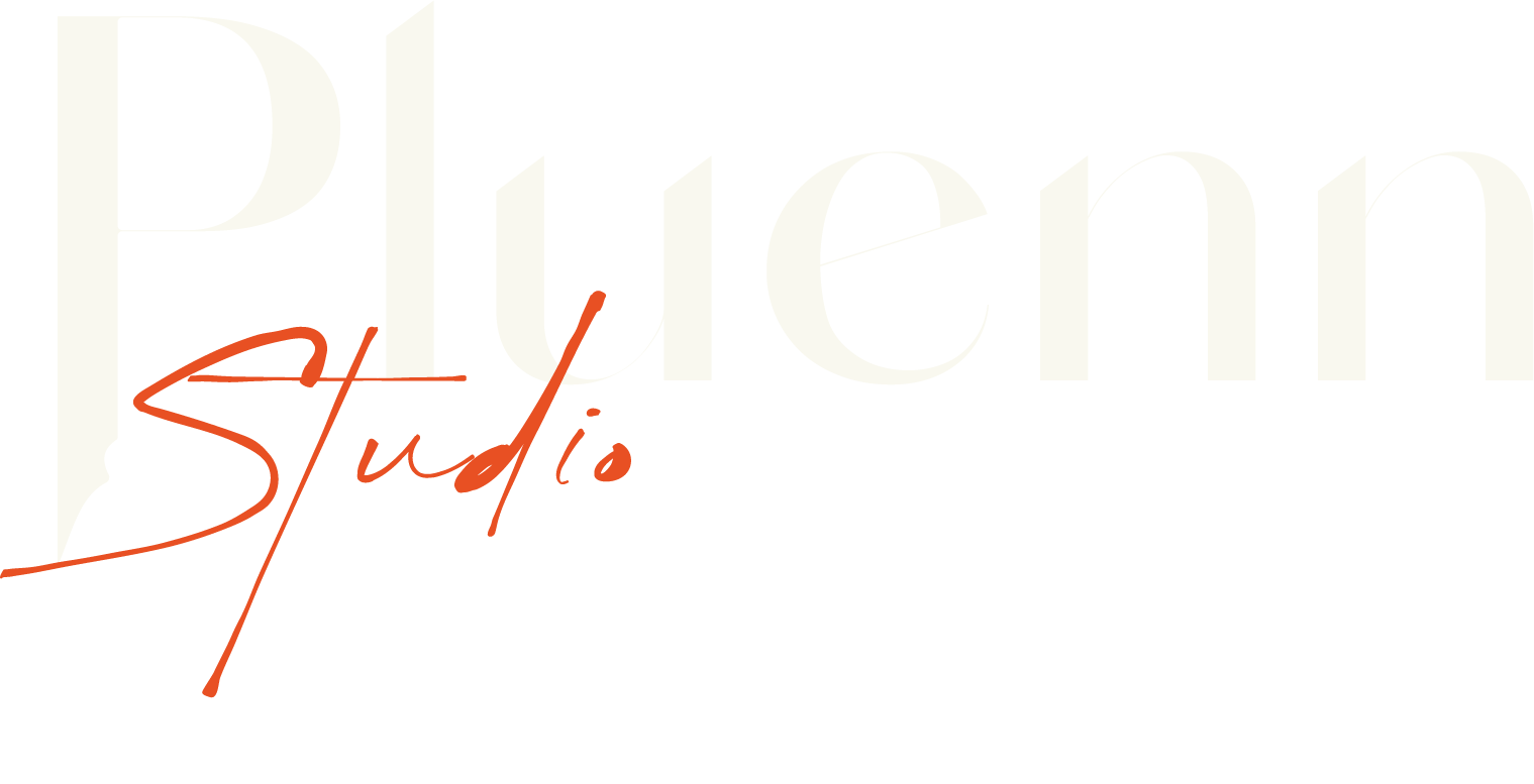 Logo de Pluenn Studio" avec le titre en blanc et le mot "Studio" en rouge écrit à main levée sur un fond noir.
