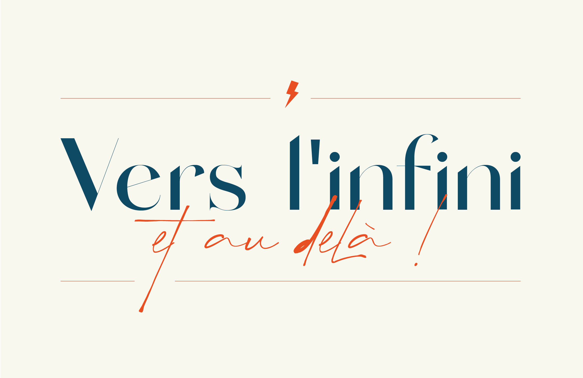 Texte en français, Manifeste de Pluenn Studio : 'Vers l'infini et au-delà !' avec une mise en page élégante et une palette de couleurs comprenant du bleu foncé et du orange.