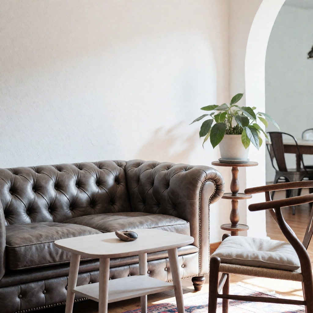 A living room with a vintage leather tufted sofa, a small wooden table with a stone object, a wooden armchair with a white stool, a potted plant on a side table, and part of a dining area visible in the background.