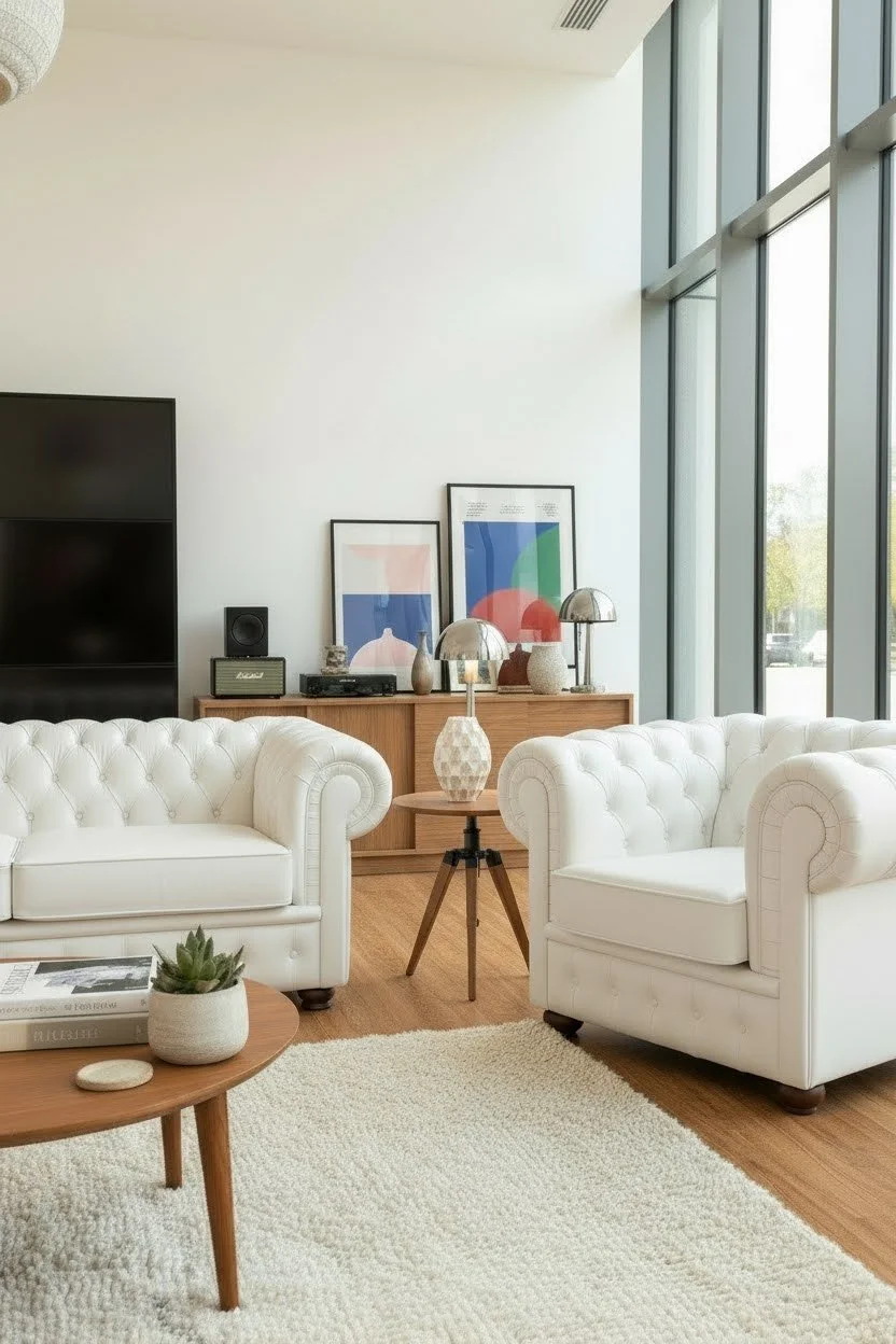 Modern living room with large windows, white tufted sofas, wooden side table with a lamp, framed art prints, and a wooden cabinet with decorative items.