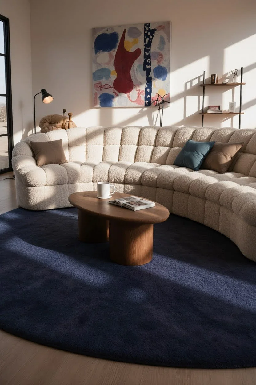 Living room with a white curved sofa, a wooden coffee table with magazine and mug, artwork on the wall, and a black floor lamp.