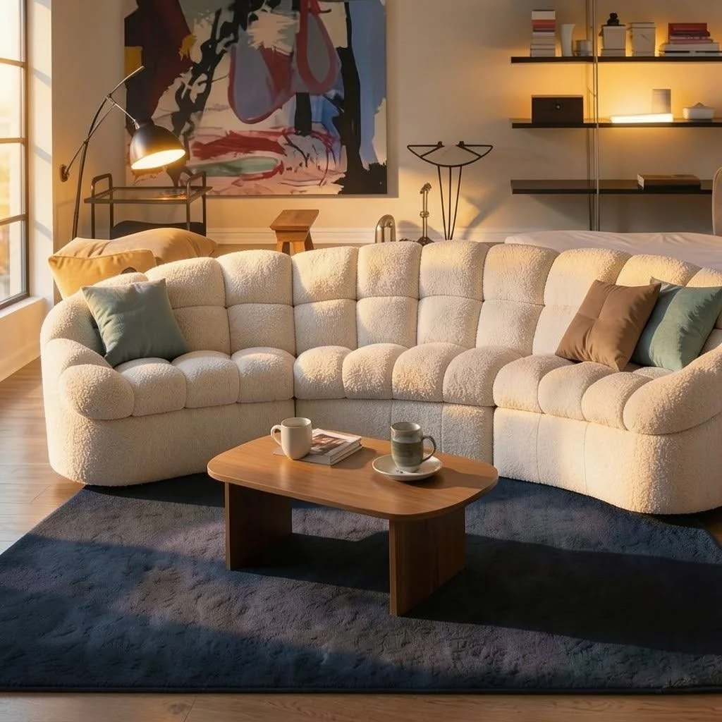 Living room with a cream curved sofa, pillows, a wooden coffee table with cups and magazines, a large abstract painting on the wall, a floor lamp, and wall-mounted shelves with books and decorative objects.