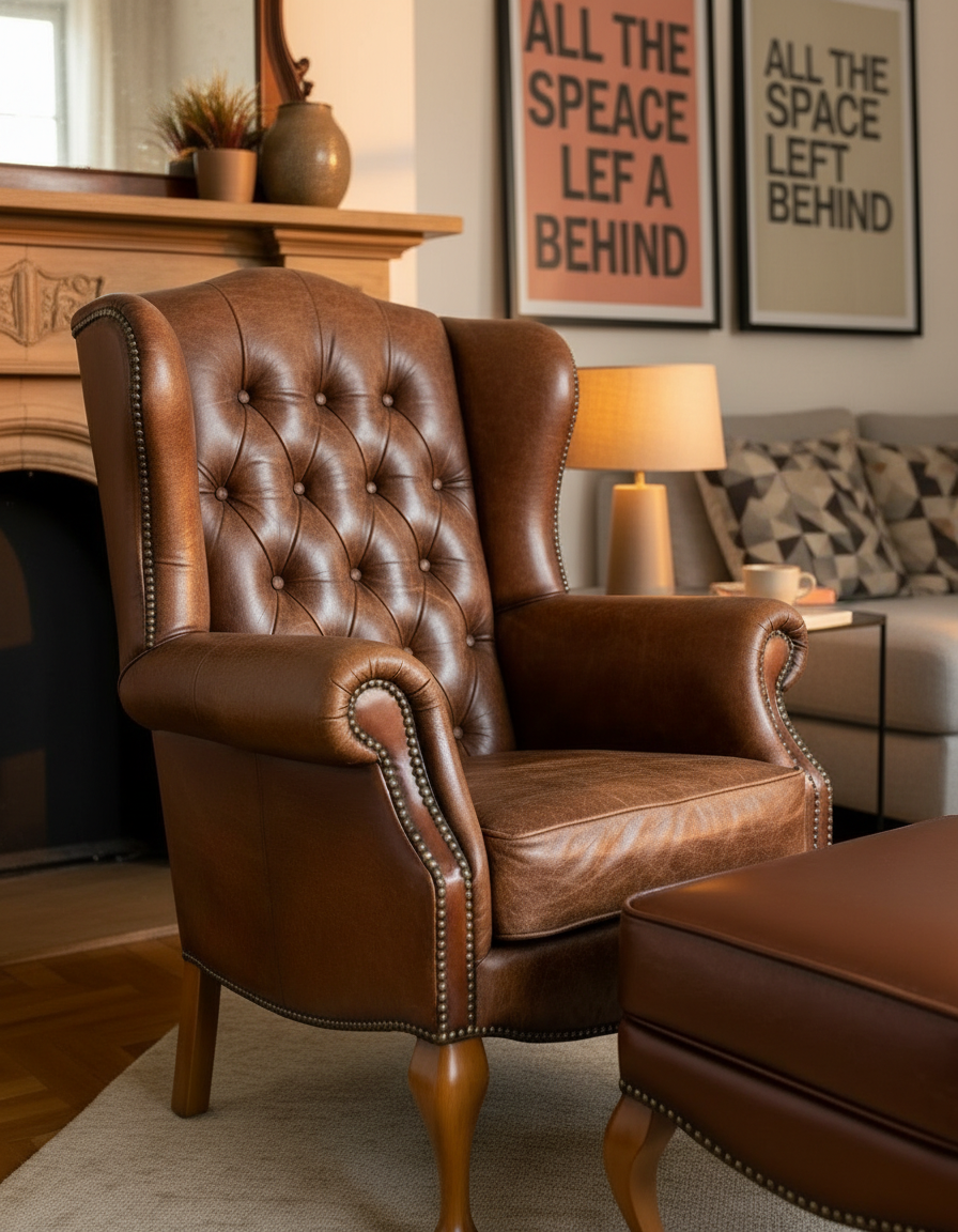 A cozy living room with a brown leather armchair with tufted design and brass studs, positioned near a wooden fireplace mantel decorated with a potted plant and vase. A soft yellow table lamp, a cup, and a sofa with patterned cushions are in the background. Two framed posters with motivational quotes about space hang on the wall.