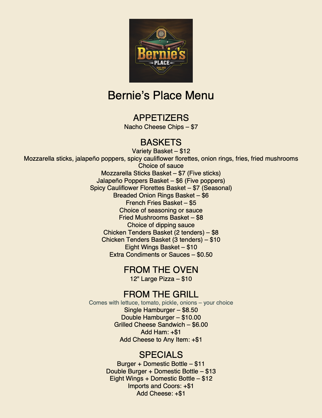 Menu — BERNIE'S PLACE