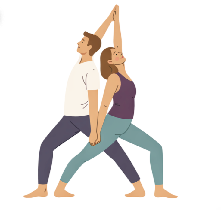 Ein Mann und eine Frau machen gemeinsam Yoga, stehen sich Rücken an Rücken, halten sich an den Händen und strecken die Arme nach oben.