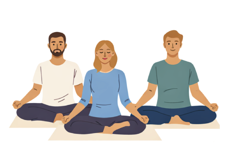 Drei Menschen sitzen im Schneidersitz auf Matten, meditieren mit geschlossenen Augen und entspannter Haltung.