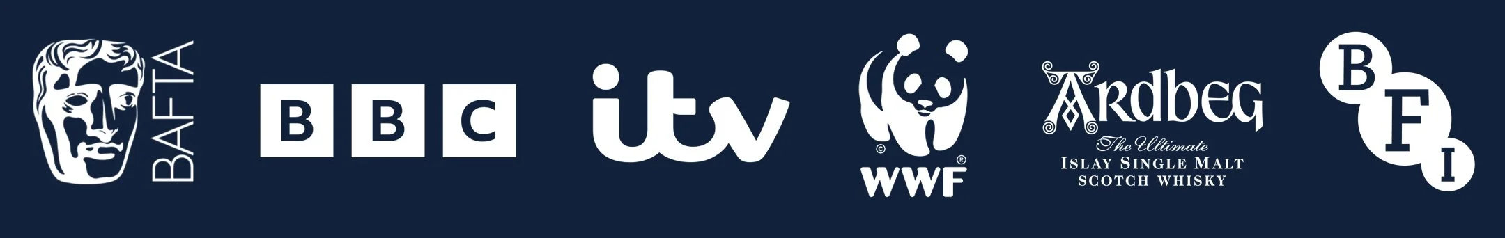Logos of BBC, ITV, WWF, Ardbeg, and other brands on a dark blue background.