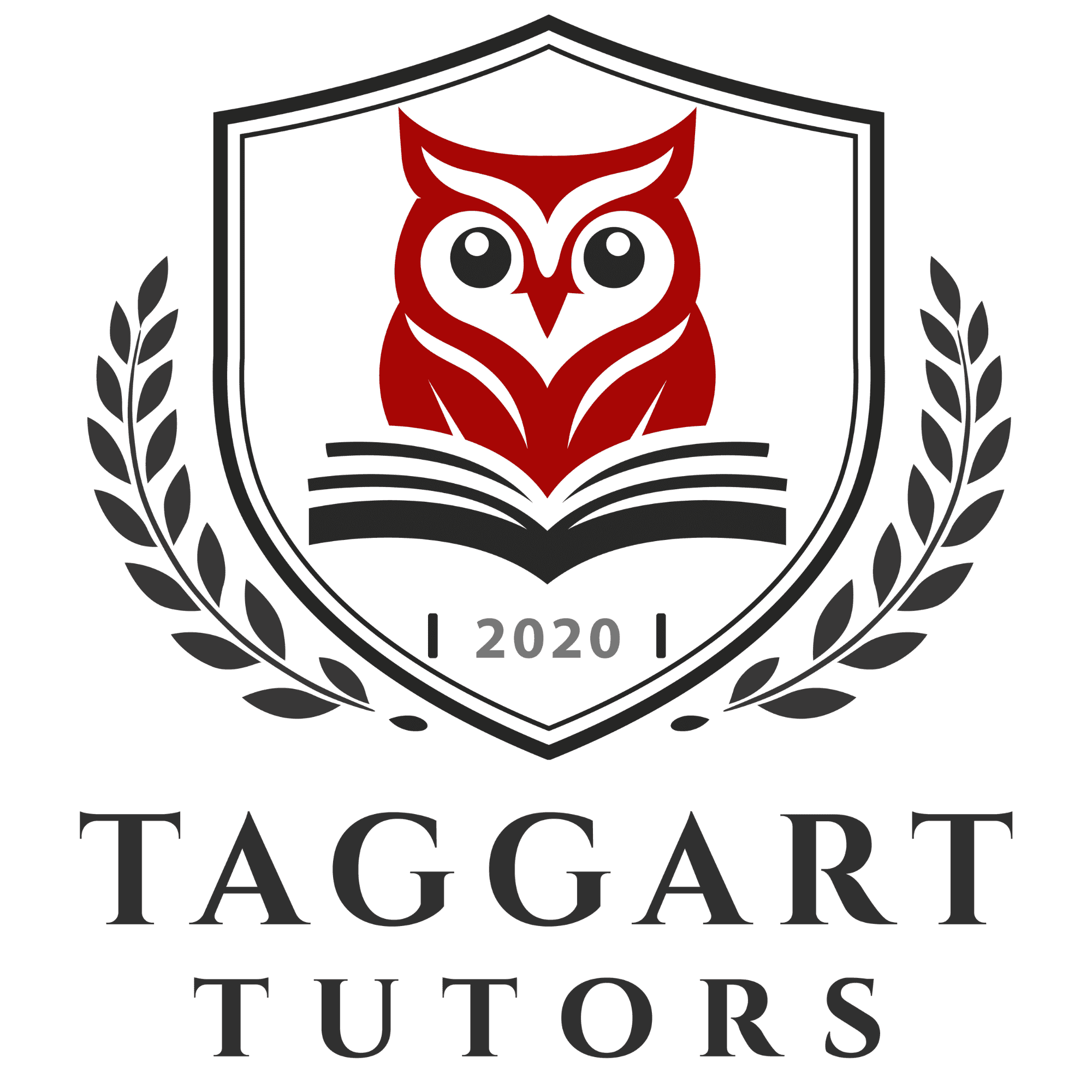 A logo for Taggart Tutors featuring a red owl with large black eyes, perched on an open book, surrounded by a black shield and laurel leaves, with the year 2020 and the text 'TAGGART TUTORS' below.