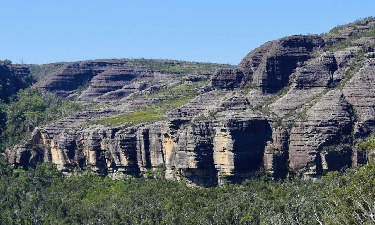 Photo of rugged, layered rock formations with green foliage at the base, under a clear blue sky in the distance.