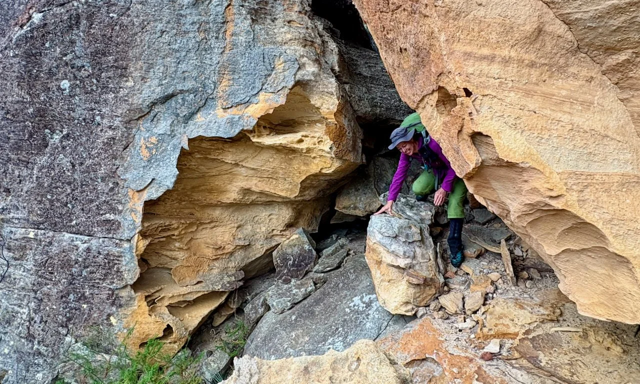 Fresh start on Day 2, emerging from the fractured cliff line