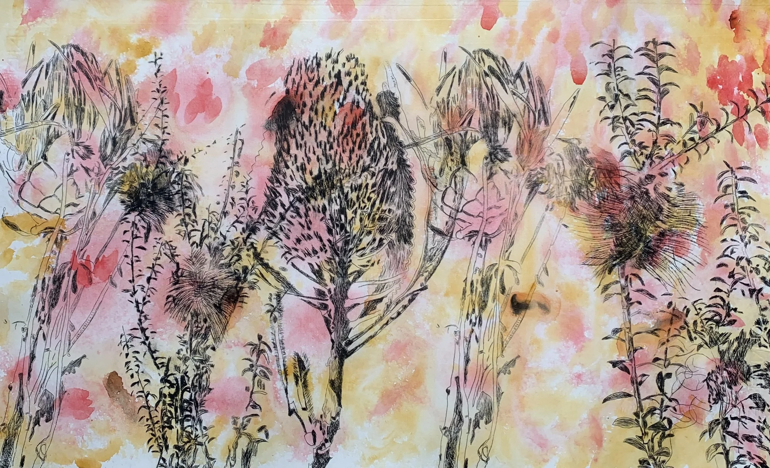 Natives II, Dry point with ink on stonehenge 300gsm, 43 x 70cm - Sold