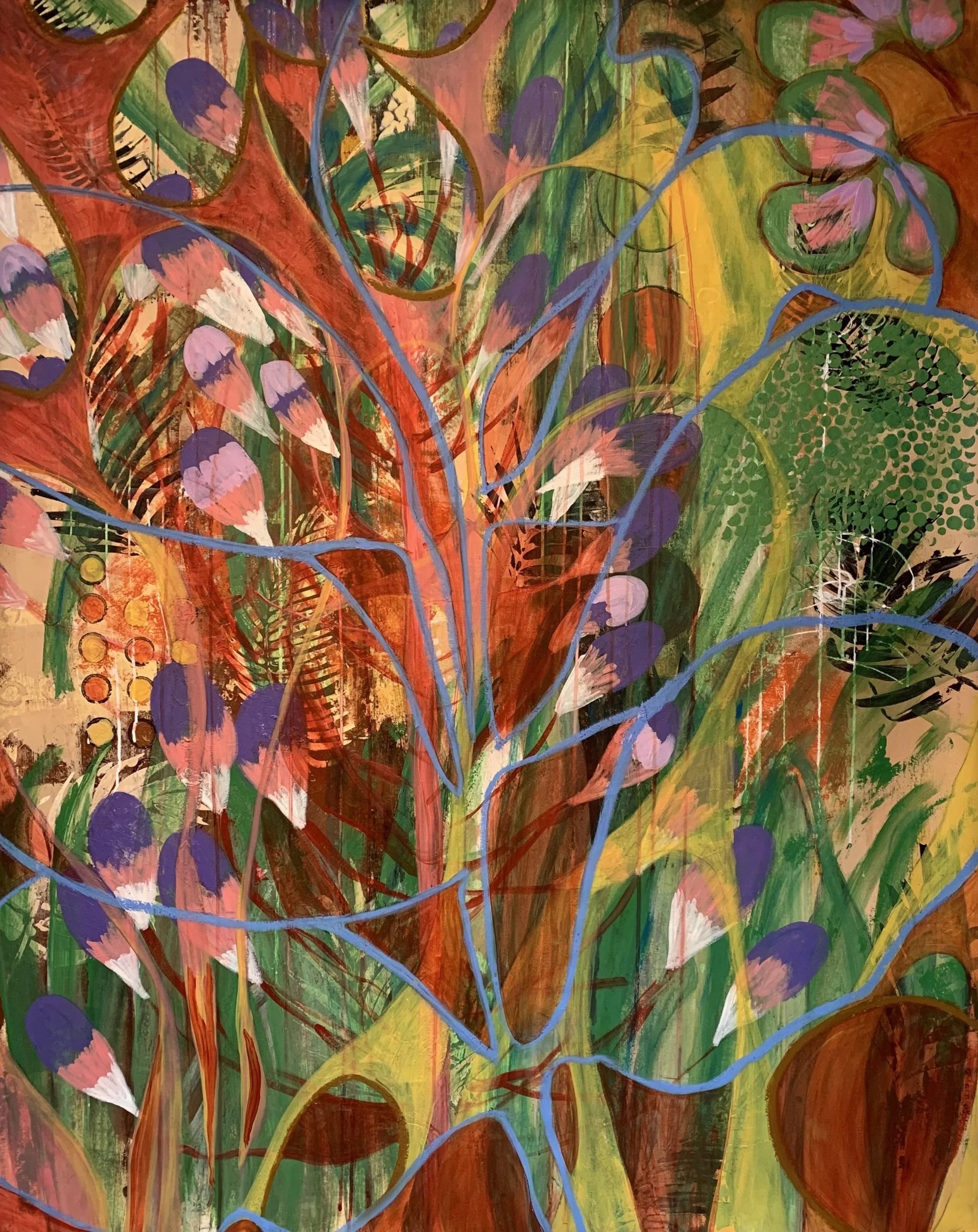 Lush Defiance, acrylic & oil stick on unstretched canvas, 150x120cm