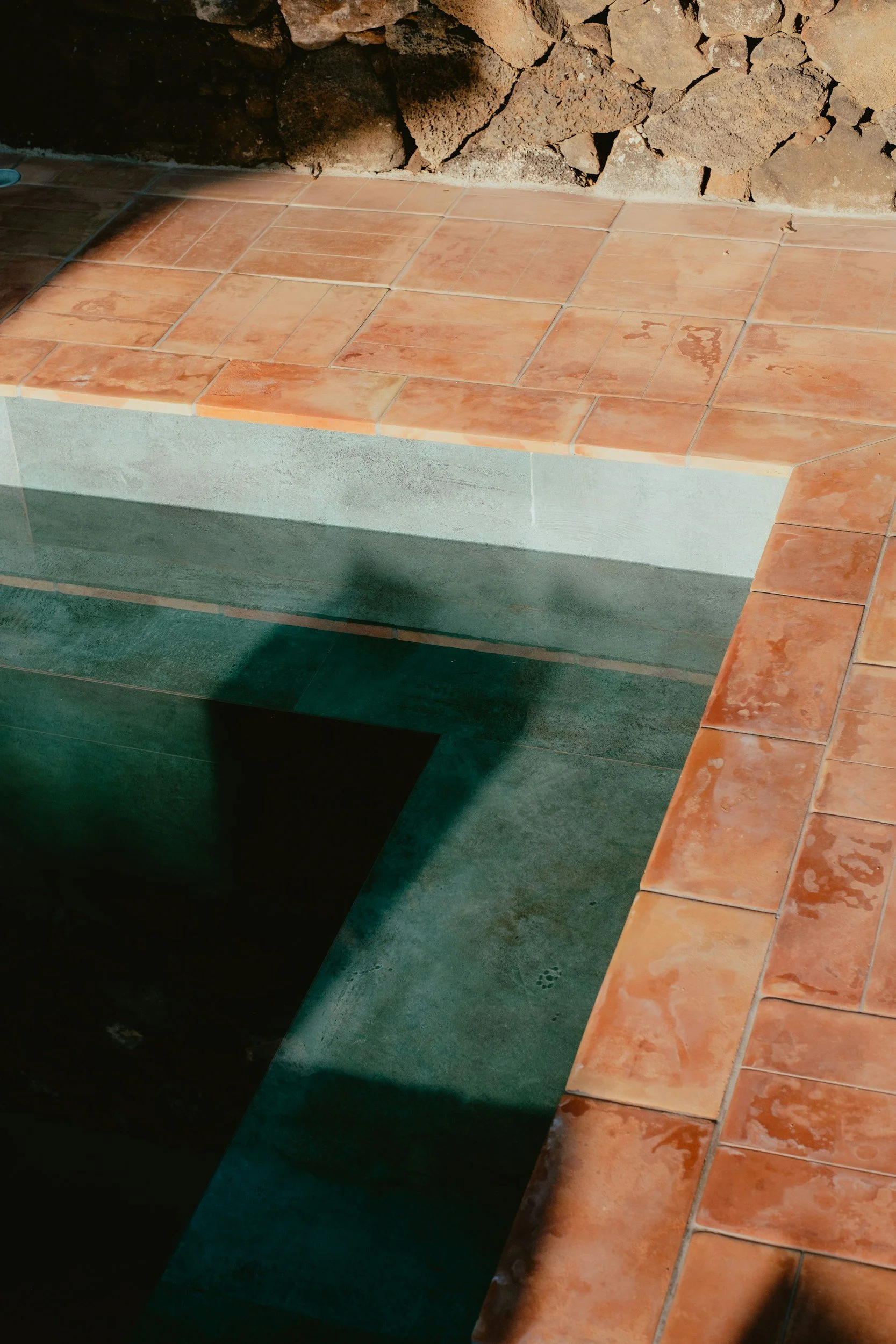 Close-up view of a tiled ledge with orange-brown tiles, contrasting with a dark green tiled area underneath, and a stone wall in the background.