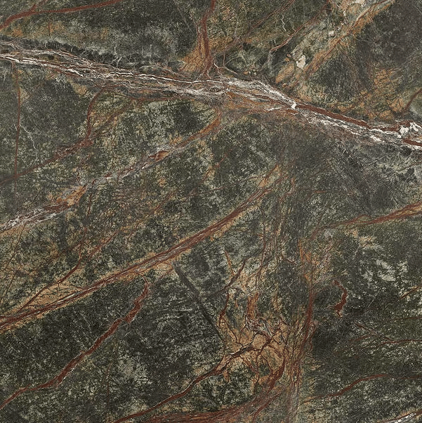 Close-up of dark green marble with red and white veining