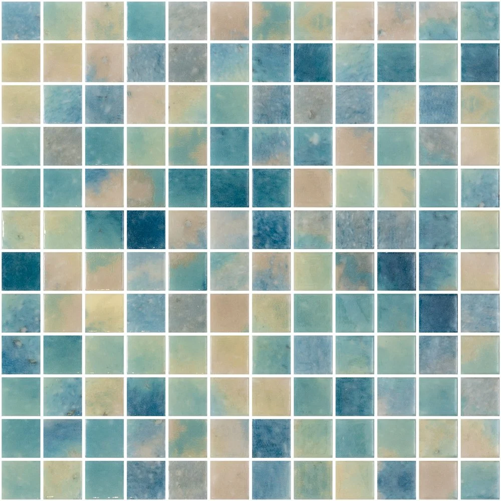A mosaic of small square tiles in shades of blue, green, beige, and gray.