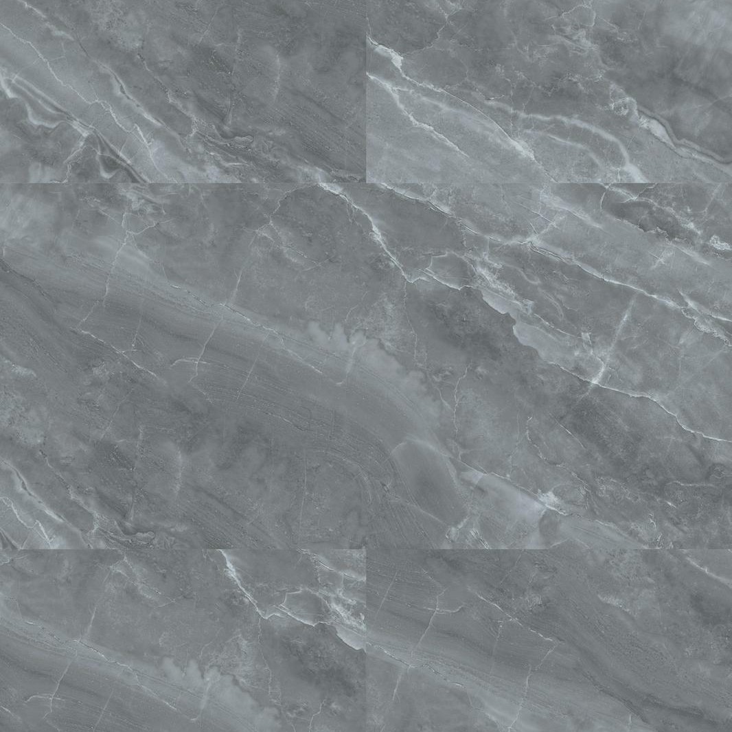 Close-up of grey marble tiles with white veins.