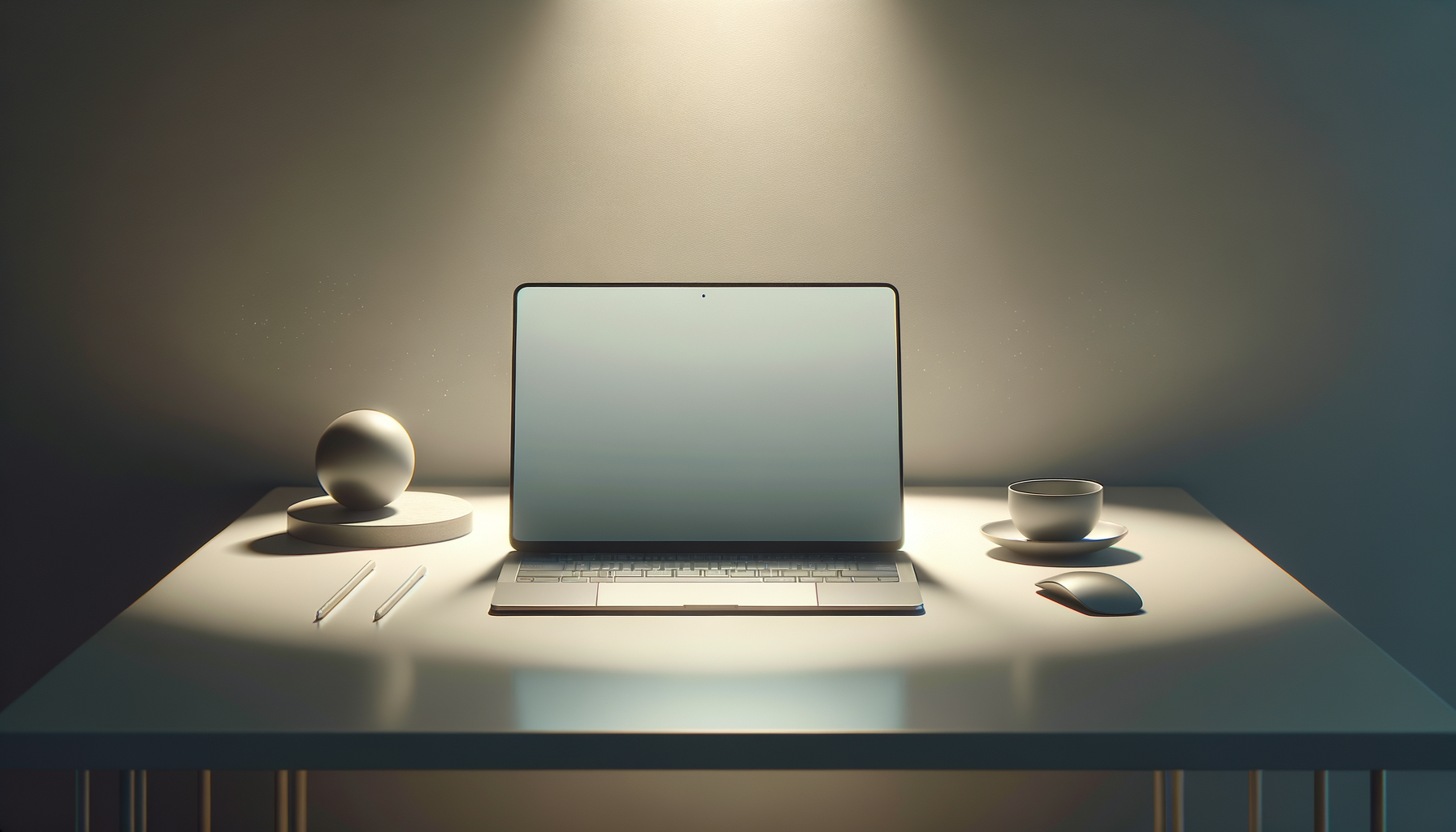 Un bureau minimaliste avec un ordinateur portable au centre, une tasse avec une soucoupe à droite, un stylo à gauche, un objet sphérique sur un socle à gauche, une souris et deux stylos à gauche, éclairé par une lumière douce.