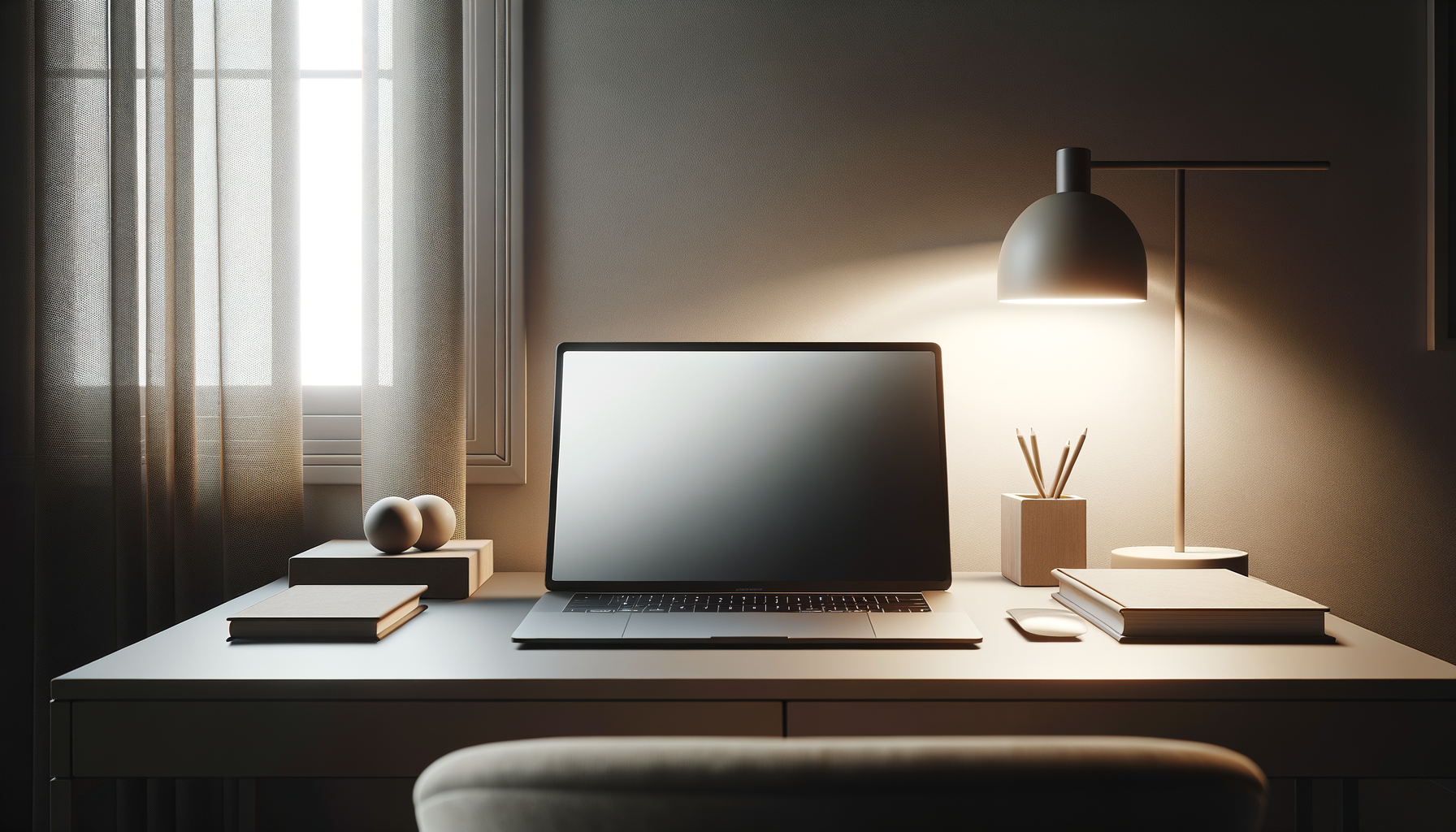 Bureau moderne avec un ordinateur portable, une lampe de bureau, quelques livres, une souris, des décorations en forme de boules, et une fenêtre avec des rideaux semi-transparents laissée entrouverte.